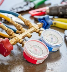 HVAC manifold gauge set with attached hoses.